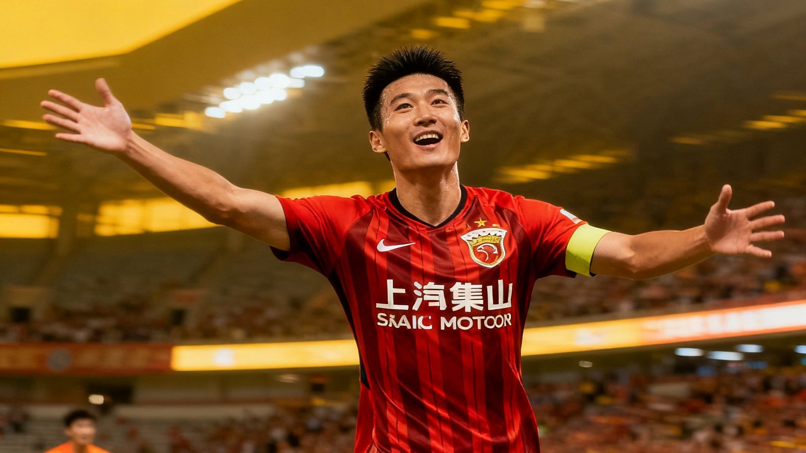 武磊在比赛中头球破门后庆祝，上海海港3-1击败山东泰山，武磊梅开二度